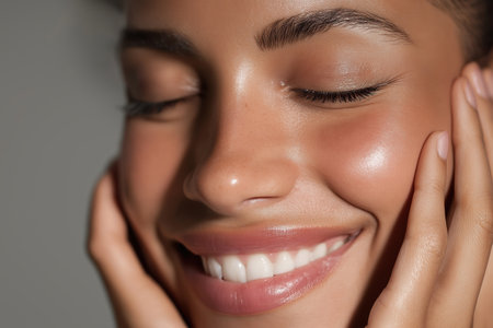 A macro portrait of a gorgeous young woman with her eyes closed in blissful enjoyment, her hands gently framing her face, highlighting her perfect, dewy skin.の素材