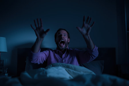 A startled man in a dark room sits upright in bed, eyes wide and mouth open in a scream, with his hands raised in fear, suggesting a night terror or bad dream.の素材