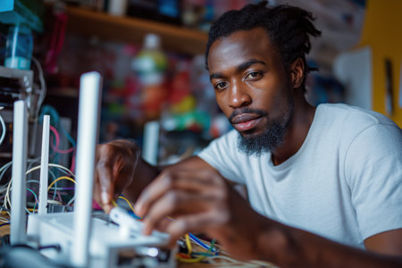 A focused black man with dreadlocks and a beard concentrates as he works on the complex wiring of an internet router or other electronic device.の素材