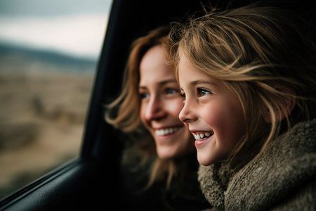 A smiling young girl and her mother are looking out of a car window with joyful expressions, enjoying the view during a family road trip or journey.の素材