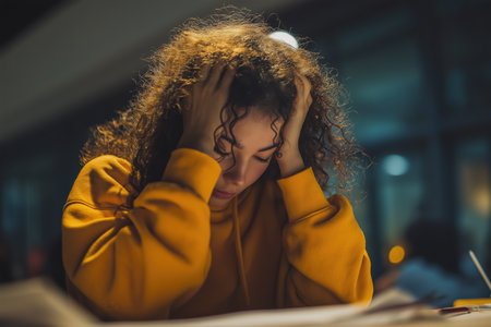 An exhausted and overwhelmed female student feels the pressure of her studies in a dark room. This illustrates academic burnout, anxiety, and frustration.の素材