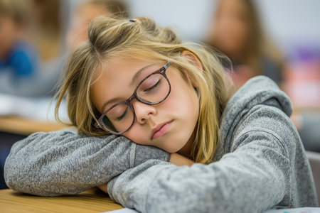 An exhausted elementary school student with her eyes closed rests her head on her arms. This illustrates boredom, fatigue, or the challenges of learning.の素材