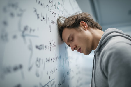 A tired student rests his head against a whiteboard covered in equations. This illustrates the pressure of exams, difficult subjects, and academic stress.の素材