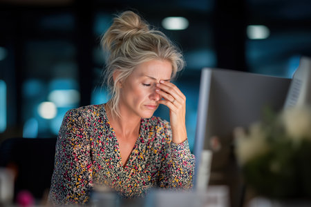 An overworked middle-aged woman with her eyes closed rubs her tired eyes while sitting at her computer. A scene of professional burnout and deadline pressure.の素材