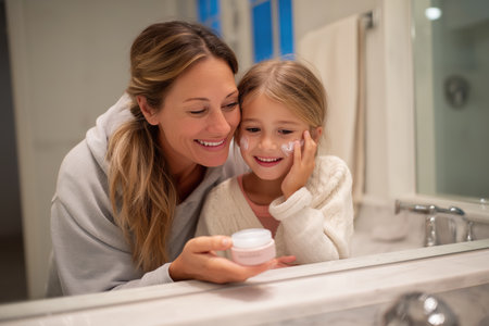 A smiling woman and a happy little girl look in the mirror while playing with moisturizer. A sweet and fun moment of family bonding and skincare education.の素材