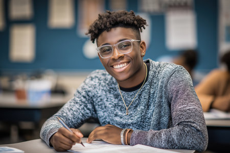 A cheerful and intelligent young black man with glasses sits at his desk, engaged in his studies. A positive portrait of higher education and success.の素材