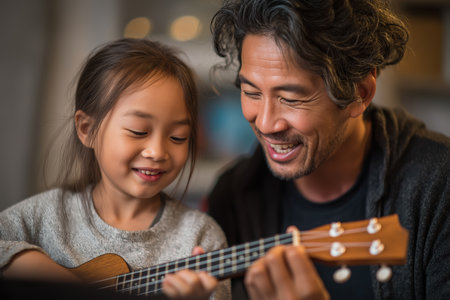 A smiling man and his cute little girl are bonding while learning a musical instrument together at home. A warm scene of family, music, and learning.の素材