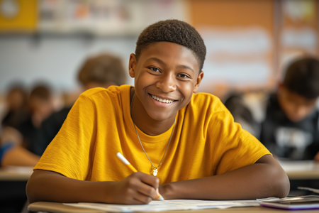 A cheerful and engaged high school student in a yellow shirt focuses on his work at his desk. A positive image of youth, diversity, and education.の素材