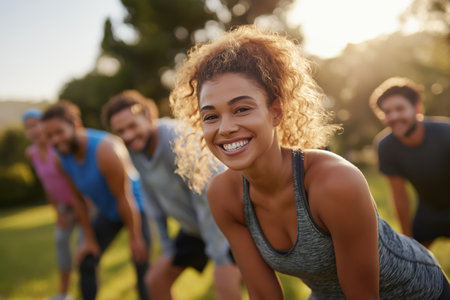 A beautiful mixed-race woman with curly hair takes a break from an outdoor exercise class with her friends. A portrait of a healthy, active lifestyle.の素材