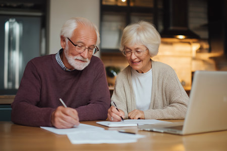 An elderly man and woman work together on their finances, signing documents at their kitchen table in the evening. Planning for retirement and insurance.の素材