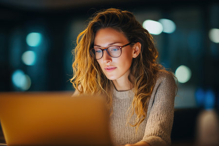 A beautiful and intelligent female freelancer or student concentrates on her work in a dark room with city lights in the background. Deadline and dedication.の素材