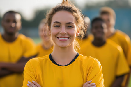 A confident and happy woman in a yellow jersey stands with her arms crossed before a match. This represents teamwork, sport, and female athletes.の素材
