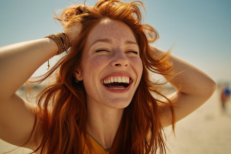 A carefree and happy young woman with beautiful red hair and freckles enjoys a sunny day. Her ecstatic expression captures pure happiness and freedom.の素材