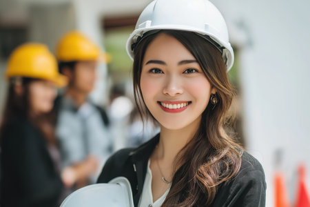 A happy and confident woman engineer stands outdoors with her construction team in the background. A symbol of success and leadership in the industry.の素材