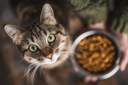 A top-down view of a beautiful domestic cat with green eyes, about to eat from a bowl of dry food held by a person. A moment of care and companionship.の素材
