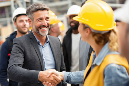 A happy middle-aged manager in a suit shakes hands with a female construction worker in a yellow hard hat, indicating a successful partnership or agreement.の素材