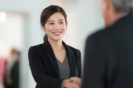 A smiling and confident young Asian businesswoman in a black suit shakes hands with a business partner in a modern office, sealing a deal or greeting.の素材