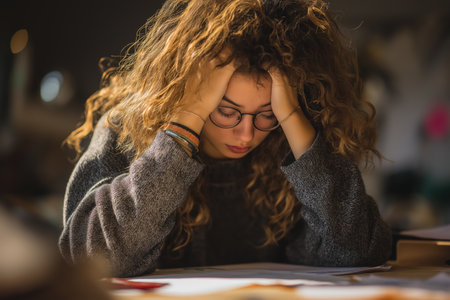 A frustrated young woman with curly hair and glasses holds her head in her hands, looking down at her books with a tired and stressed expression.の素材