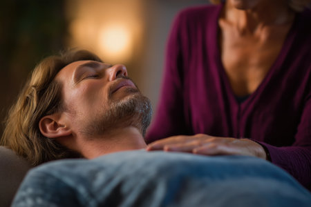 A man with his eyes closed lies down during a reiki or energy healing session. The warm, gentle lighting creates a serene and therapeutic atmosphere.の素材