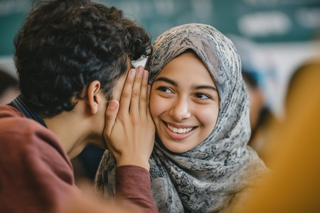 A teenage boy whispers in the ear of a smiling young girl wearing a hijab. They are sharing a friendly, happy moment in a classroom setting.の素材