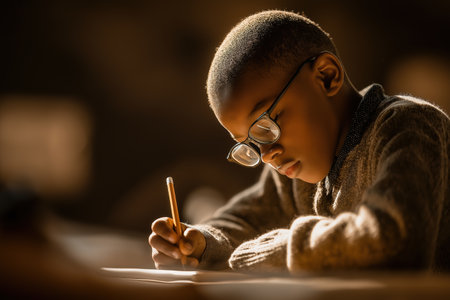 A focused young African American boy wearing glasses is sitting at a desk and diligently writing with a pencil in his notebook in a warmly lit room.の素材