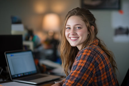 A cheerful young female student with long hair sits at her desk in a home office, looking back and smiling warmly at the camera, with a laptop open.の素材