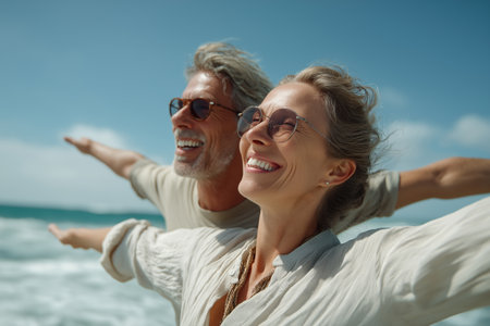 A smiling senior man and woman feel free and joyful by the ocean, with arms open wide like wings. A beautiful image of an active retirement and travel.の素材