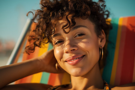 Close-up portrait of a happy young woman with curly hair smiling at the camera, enjoying a sunny day while relaxing on a colorful beach chair outdoors.の素材