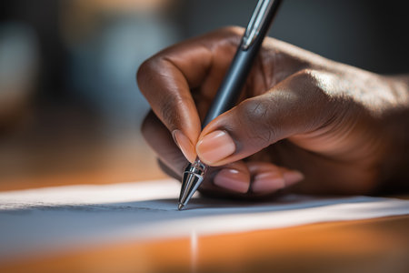 A close-up shot of a person's hand holding a silver pen and carefully signing a signature on a white paper document, such as a contract or agreement.の素材