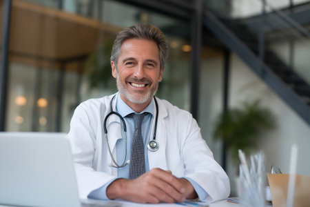 Portrait of a confident and friendly mature male doctor with gray hair, wearing a white coat and stethoscope, smiling warmly at the camera in his office.の素材