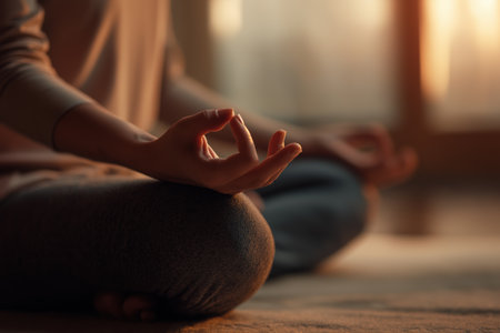Close-up of a woman's hand in a Gyan mudra yoga pose, practicing meditation or mindfulness in a peaceful room with warm sunrise light in the background.の素材