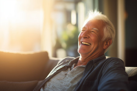 A happy and carefree senior man with white hair is laughing heartily while sitting on a couch at home, with warm sunlight streaming in from the side.の素材
