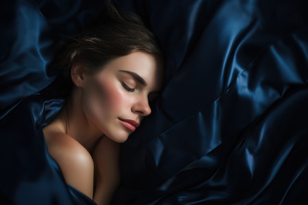 A serene and beautiful young woman with her eyes closed sleeps soundly, enveloped in rich, dark blue satin or silk sheets, creating a peaceful and elegant scene.の素材