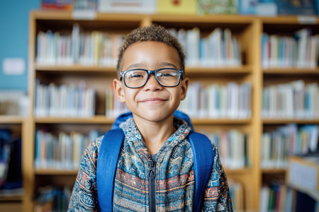 A cute and smart young African American boy with glasses and a backpack is smiling confidently at the camera, standing in front of bookshelves in a library.の素材