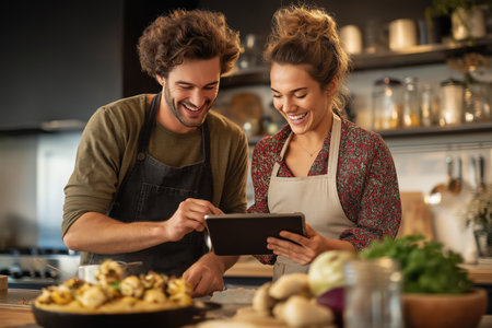 A smiling man and woman wearing aprons look at a recipe on a digital tablet while preparing food. A beautiful scene of love, teamwork, and healthy lifestyle.の素材