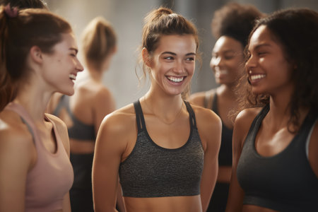 A group of happy and diverse young women in sportswear are smiling and talking together in a gym or fitness studio after a workout.の素材