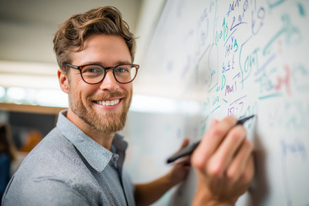 A handsome and happy young male teacher with a beard and glasses is smiling at the camera while writing complex formulas on a whiteboard in a classroom.の素材