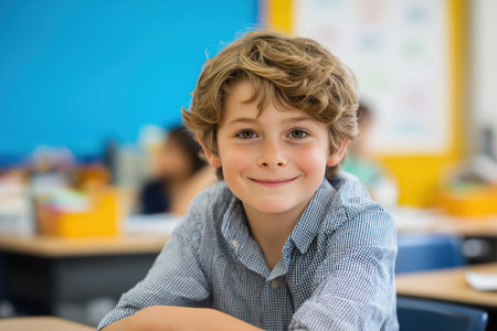 A portrait of an adorable young boy with brown hair and green eyes, smiling sweetly at the camera while sitting at his desk in a vibrant, colorful classroom.の素材