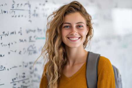 A beautiful and smart young female student with a backpack is smiling happily at the camera, standing in front of a whiteboard covered in math formulas.の素材