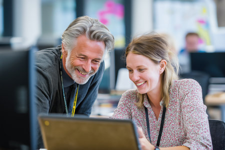 A smiling mature businessman is helping his younger female colleague with a task on her laptop, both looking happy and engaged in a modern office setting.の素材