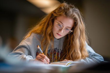 A serious and focused young woman with long red hair and glasses is writing in a notebook, studying diligently at a desk in a library or at home.の素材