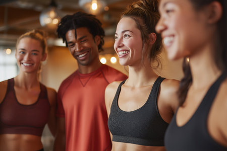 A group of four happy and fit young friends of diverse ethnicities are smiling and talking together in a modern gym or fitness studio.の素材