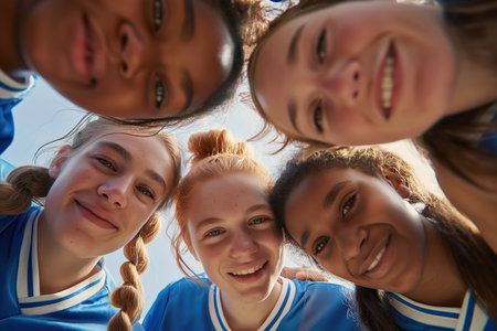 A low angle shot of a diverse group of happy young female soccer players in blue uniforms, looking down at the camera and smiling in a team huddle.の素材
