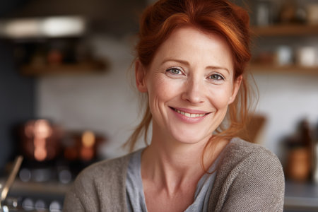 A close-up portrait of a beautiful and happy mature woman with natural red hair and a gentle, confident smile, pictured in her cozy kitchen.の素材