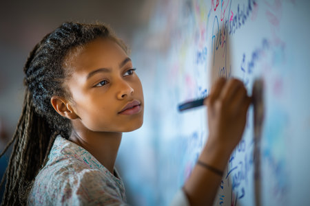 A smart and creative young black student brainstorms ideas or solves a problem with a marker. This represents education, creativity, and modern learning.の素材