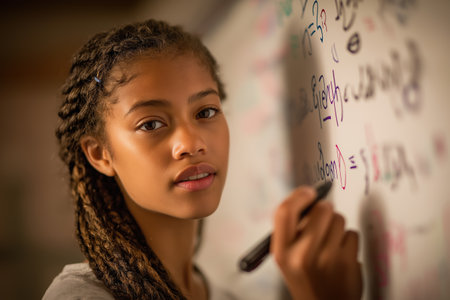 A confident and smart young black student holds a marker while solving a problem. A portrait showing the future of education, intelligence, and ambition.の素材
