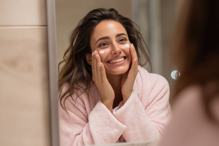 A beautiful smiling woman performs her morning skincare routine, looking at her reflection. This represents beauty, self-care, wellness, and anti-aging.の素材