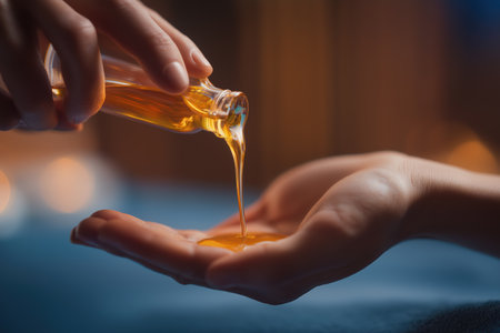 Close-up of a person's hands as they pour golden essential or massage oil from a small glass bottle into their open palm, preparing for a spa treatment.の素材