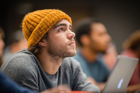 A thoughtful young man wearing a yellow beanie hat is looking up and listening intently during a lecture or class at a university or college.の素材