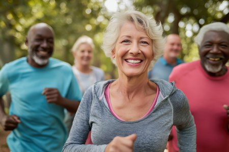 A cheerful elderly woman with white hair smiles at the camera while jogging in a park with her multi-ethnic friends, promoting an active and healthy retirement.の素材